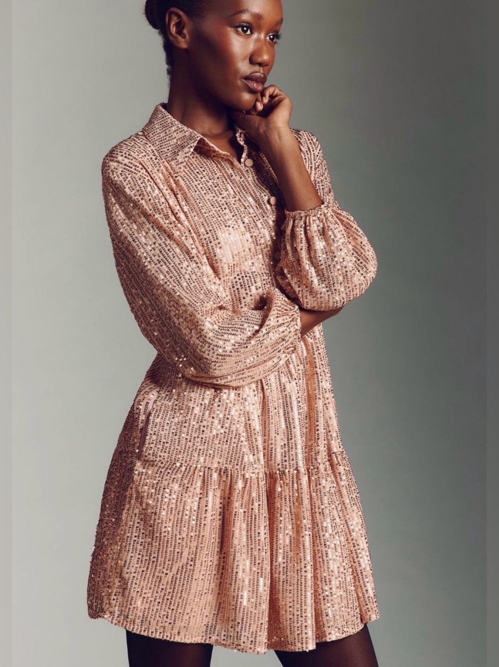 Anthropologie Maeve The Bettina Sequin Tiered Mini Shirt Dress M NWT